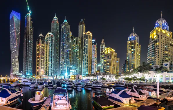 Картинка ночь, город, небоскреб, панорама, Дубай, Dubai, Panorama