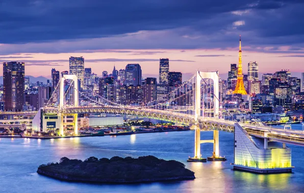 Картинка lights, огни, Япония, Токио, Japan, ночной город, bridge, night