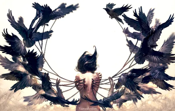 Картинка девушка, птицы, кровь, спина, крылья, аниме, арт, цепи