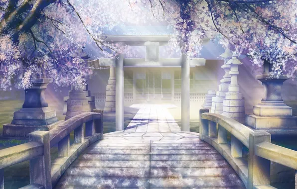 Картинка солнце, деревья, пейзаж, цветы, мост, арт, дорожка, храм
