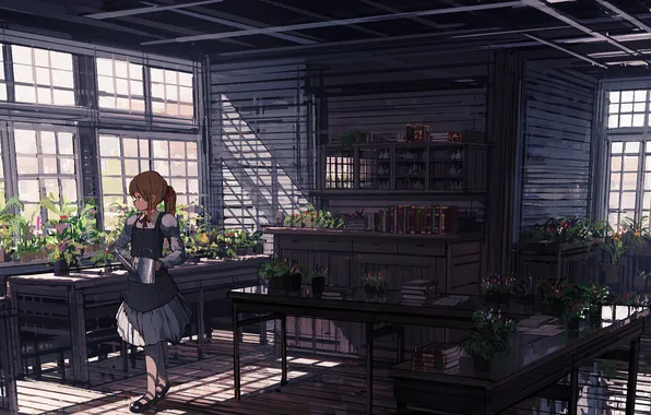Картинка девушка, цветы, комната, окна, аниме, арт, столы, лейка