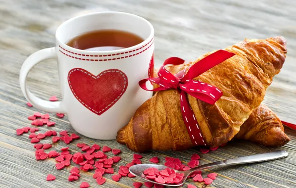 Любовь, сердце, кофе, завтрак, кружка, чашка, сердечки, выпечка