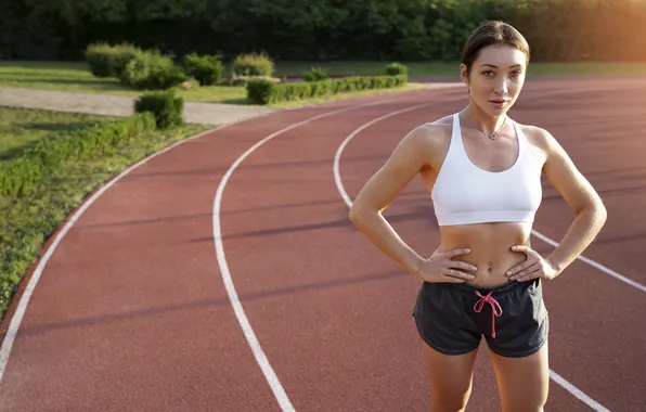 Woman, front, view, track, running, fit