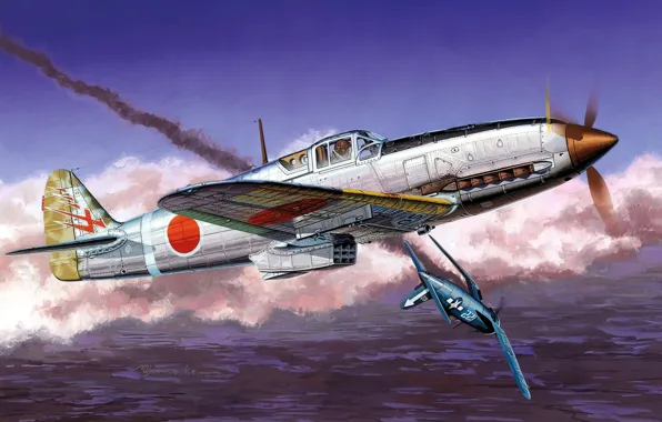 War, art, airplane, painting, aviation, ww2, japanese airplane, Kawasaki Ki-61 Hien