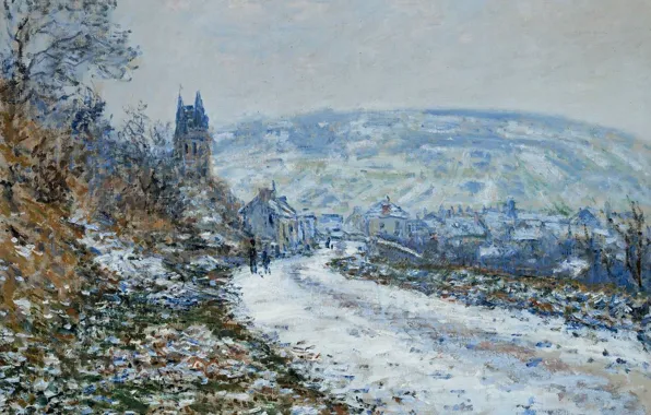 Картинка пейзаж, картина, Клод Моне, На Подходе к Деревне Ветёй Зимой