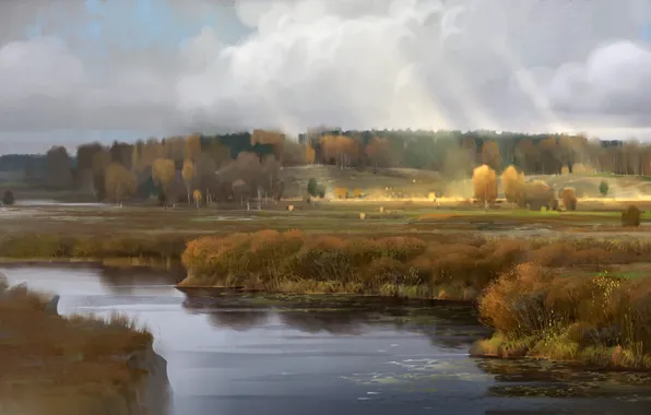 Картинка поле, лес, пейзаж, река, арт, речка, россия, русь