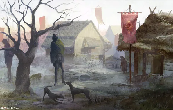 Война, деревня, ведьмак, The Witcher, орден, горе, висельник
