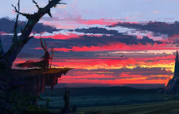 Картинка fantasy, twilight, sky, landscape, sunset, clouds, painting, castle