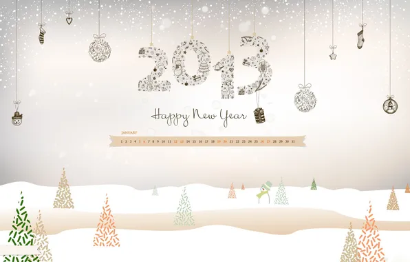 Картинка снег, елка, снеговик, календарь, числа, дни, 2013, january