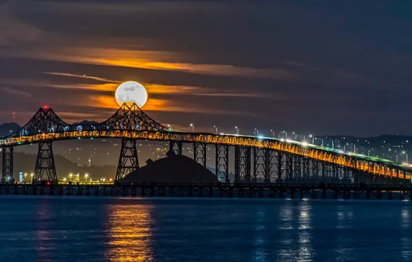Вода, ночь, мост, луна, Калифорния, залив, California, San Francisco Bay