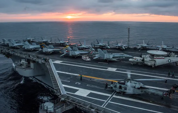 Истребители, вертолет, авианосец, палуба, USS Carl Vinson, CVN 70