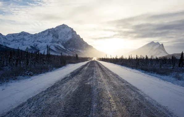 Картинка дорога, снег, горы, утро