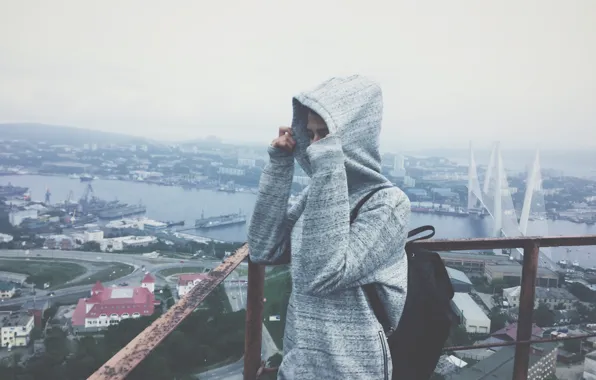 Море, пейзаж, мост, city, город, высота, Девушка, вышка