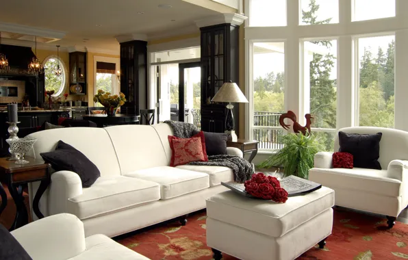 Белый, дизайн, комната, диван, окна, интерьер, гостиная, мебель. подушки