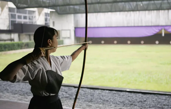 Картинка девушка, лук, лучница, стрела, японская, ассиметричный