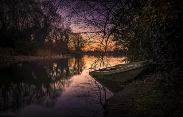 Картинка закат, река, лодка