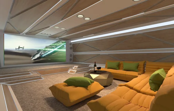 Дизайн, стиль, интерьер, домашний кинотеатр, The luxury residence, научно-фантастический дизайн интерьера, Sci-Fi residential interior design