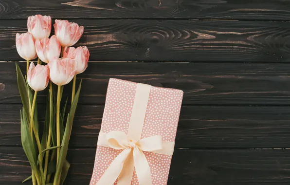 Цветы, подарок, букет, тюльпаны, розовые, wood, pink, flowers