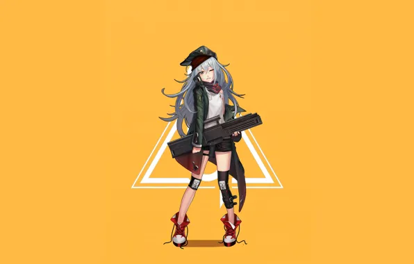 Девушка, оружие, аниме, арт, кепка, жёлтый фон, наколенники, Girls Frontline