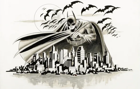 Картинка город, рисунок, летучая мышь, Batman, Arkham