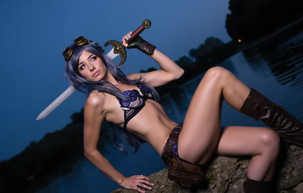 Картинка sword, fantasy, photography, woman, night, purple eyes, cosplay, digital art