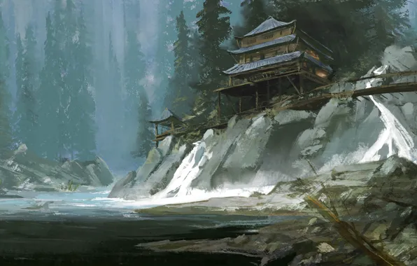 Рисунок, Река, Дом, Живопись, Art, Illustration, Jinheng LI, by Jinheng LI