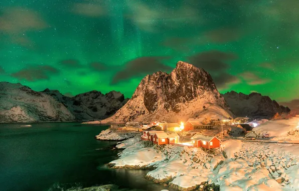 Звезды, ночь, северное сияние, Норвегия, поселение, Лофотенские острова