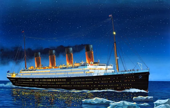Картинка Ночь, Льдины, Великобритания, Трансатлантический пароход, ''Титаник'', Второй лайнер класса ''Олимпик''