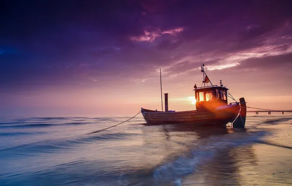 Картинка солнце, свет, лодка, баржа, Балтийское море