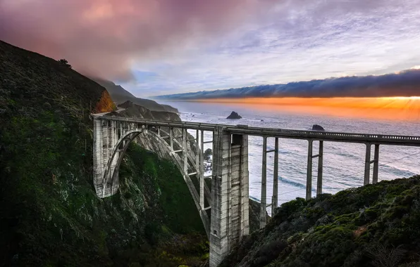 Картинка небо, мост, природа, рассвет, побережье, California, Bixby Bridge