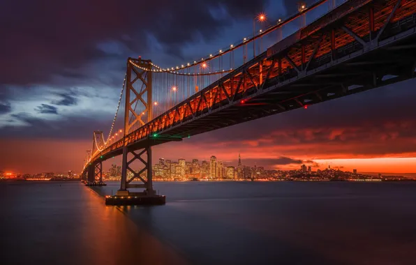 Закат, мост, Калифорния, Сан-Франциско, ночной город, California, San Francisco, Bay Bridge