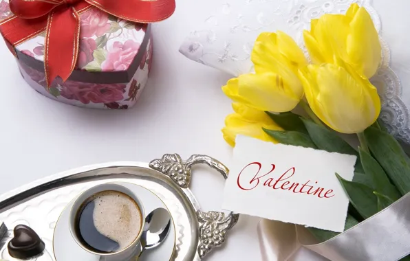 Подарок, кофе, тюльпаны, день святого Валентина, Day Valentine
