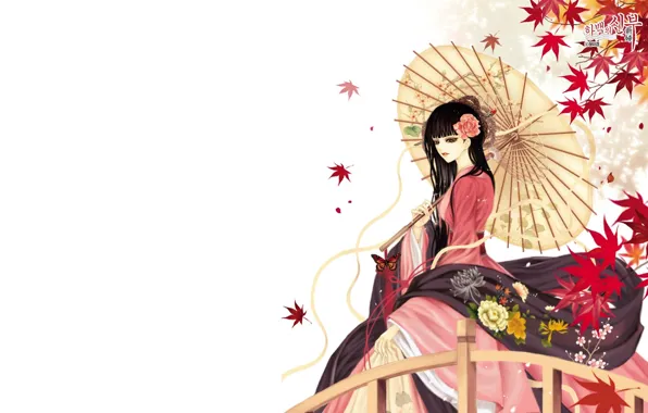 Картинка зонтик, японка, Девушка, красавица, кимоно
