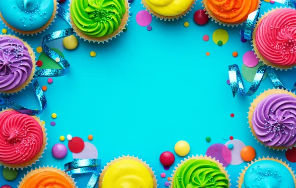 Свечи, colorful, rainbow, cake, крем, Happy Birthday, colours, cupcake
