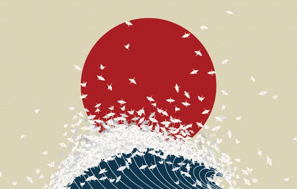Картинка волна, япония, минимализм, оригами, восходящее солнце