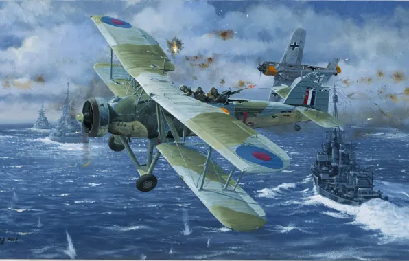 Картинка море, атака, корабли, картина, воздушный бой, Focke-Wulf, Fairey Swordfish, FW-190