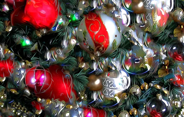 Рендеринг, шары, елка, новый год, рождество, украшение