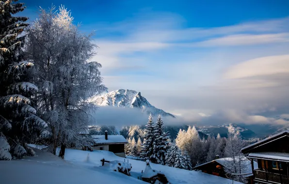 Картинка зима, облака, снег, деревья, пейзаж, горы, природа, село