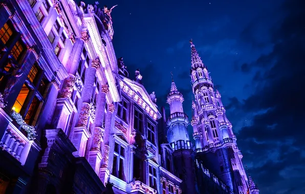 Картинка небо, ночь, тучи, огни, дома, Бельгия, Брюссель