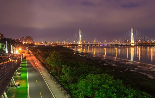 Ночь, мост, город, огни, река