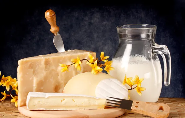 Картинка цветы, сыр, молоко, нож, flowers, milk, knife, cheese