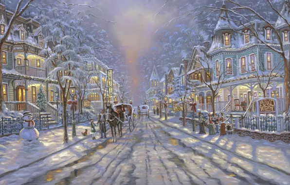 Картинка дорога, улица, Рождество, снеговик, ёлка, живопись, Christmas, Robert Finale