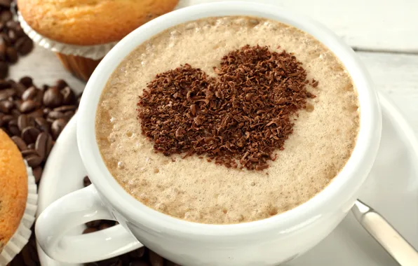 Любовь, сердце, кофе, шоколад, love, heart, cup, beans