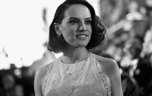 Улыбка, портрет, актриса, черно-белое, красотка, Daisy Ridley, Дейзи Ридли