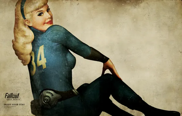 Картинка девушка, номер, костюм, пояс, Fallout, New Vegas, житель, убежища