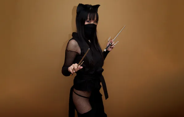 Girl, sexy, long hair, beautiful, pretty, brunette, Ninja, attractive