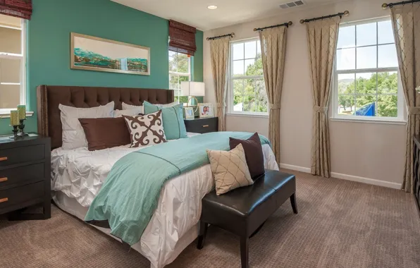 Картинка кровать, интерьер, подушки, окно, шторы, спальня