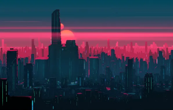 Закат, Солнце, Город, Небоскребы, Здания, City, Арт, Фантастика