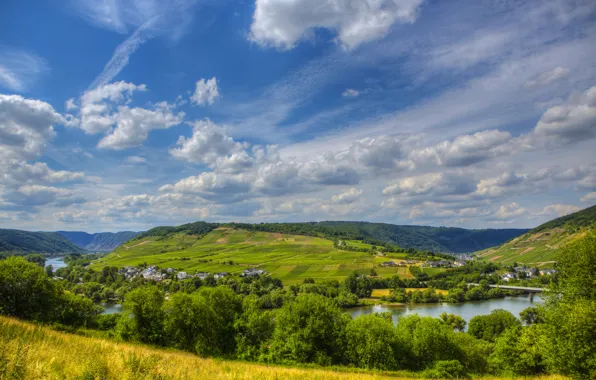 Небо, деревья, пейзаж, природа, река, фото, Германия, Sinsheim