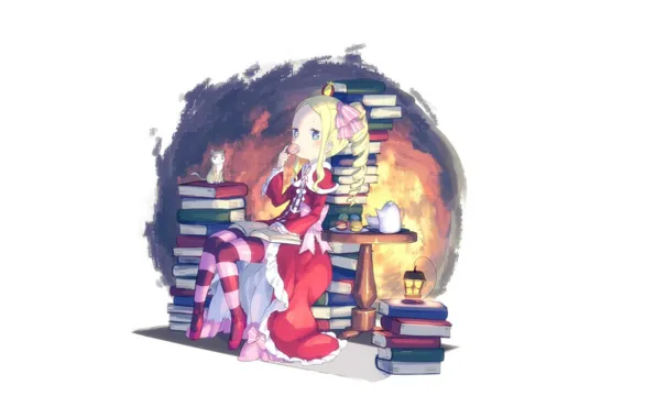 Котенок, стол, книги, чайник, фонарь, сладости, белый фон, много